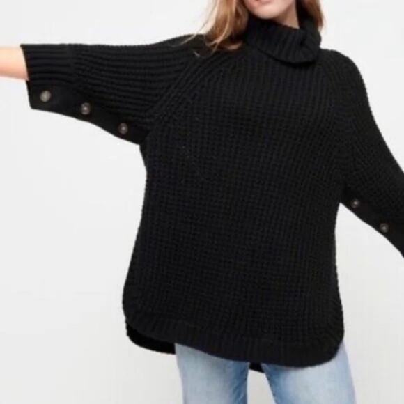 J. Crew Black Button Sleeve Turtleneck Oversized Crochet Poncho Sweater Size S - Picture 3 of 10
